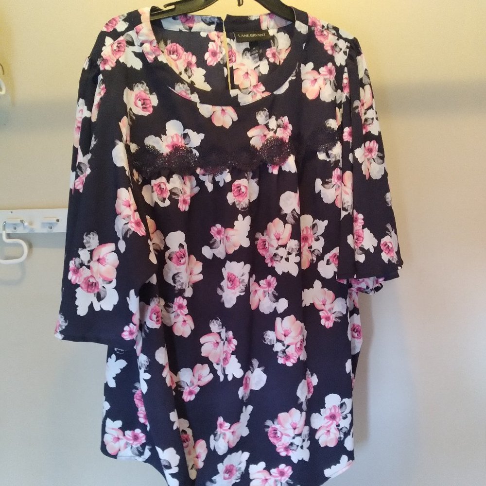 Lane Bryant Floral Flutter Sleeve High Waist Round Neck Top with Lace Detail